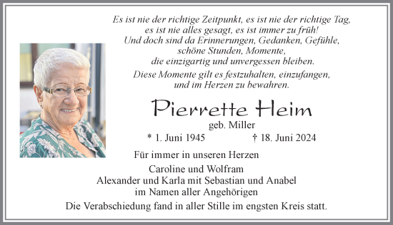 Traueranzeige von Pierrette Heim von Allgäuer Zeitung, Füssen