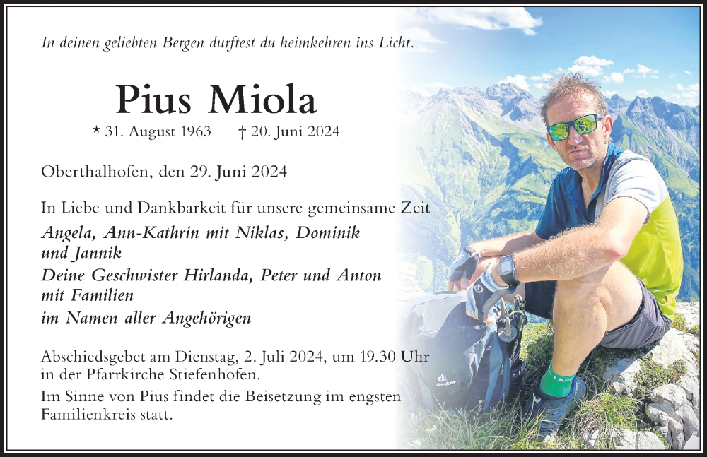  Traueranzeige für Pius Miola vom 29.06.2024 aus Der Westallgäuer