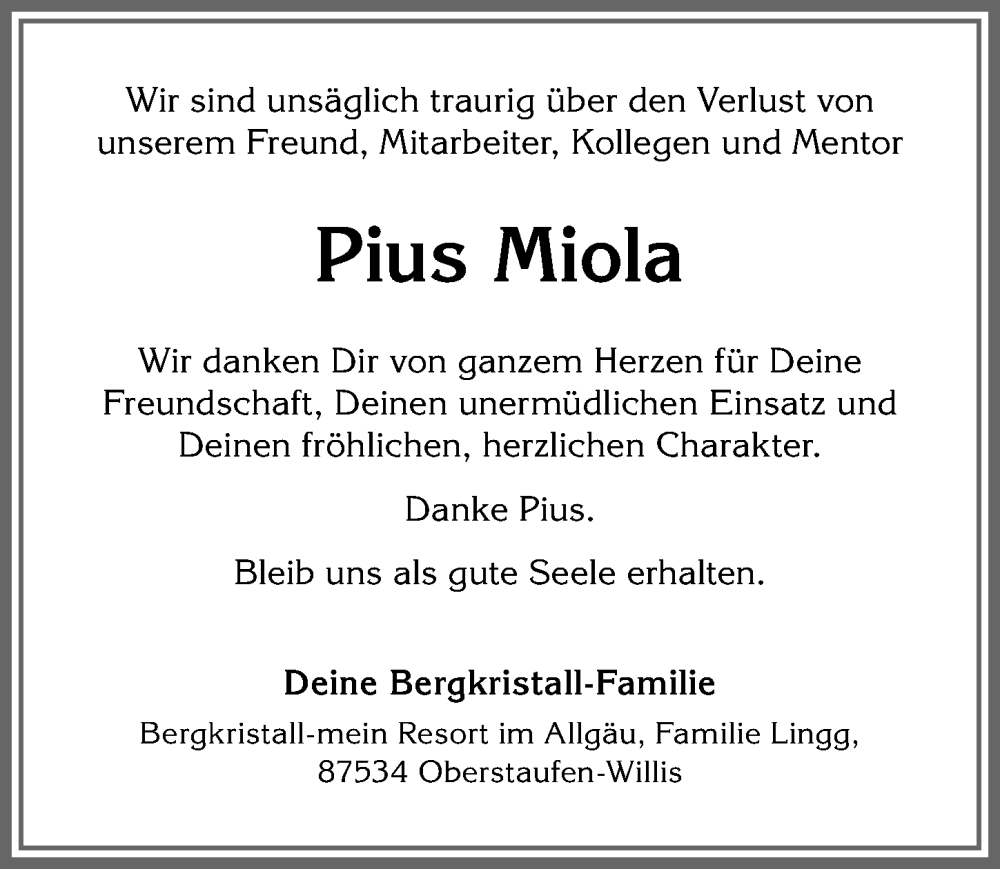  Traueranzeige für Pius Miola vom 29.06.2024 aus Der Westallgäuer