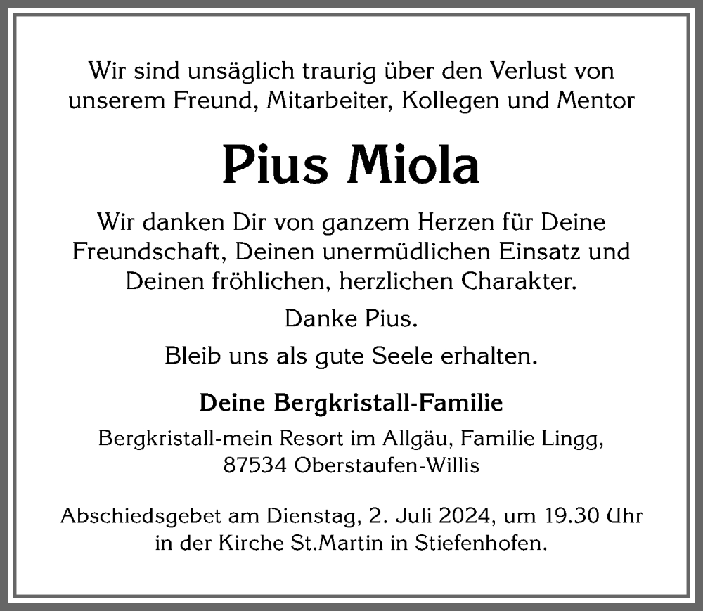 Traueranzeige für Pius Miola vom 29.06.2024 aus Allgäuer Anzeigeblatt