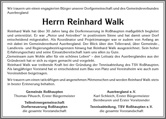 Traueranzeige von Reinhard Walk von Allgäuer Zeitung, Füssen