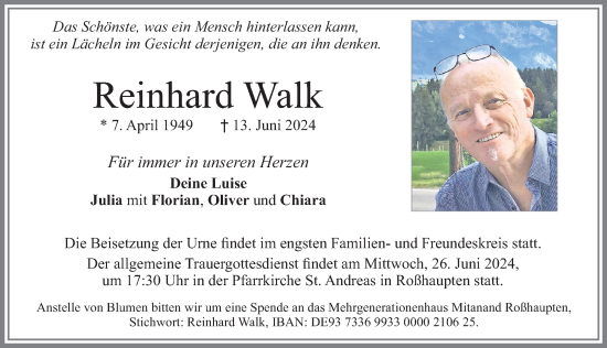 Traueranzeige von Reinhard Walk von Allgäuer Zeitung, Füssen
