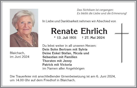 Traueranzeige von Renate Ehrlich von Allgäuer Anzeigeblatt
