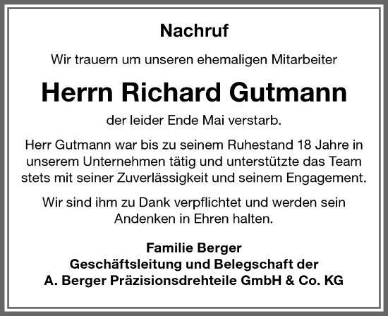 Traueranzeige von Richard Gutmann von Memminger Zeitung