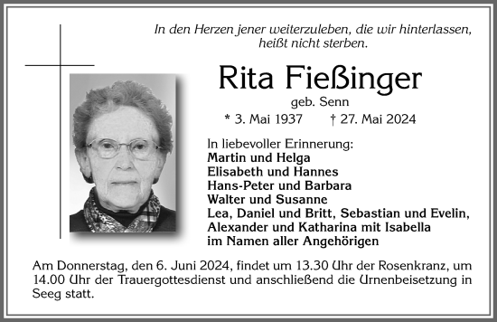 Traueranzeige von Rita Fießinger von Allgäuer Zeitung, Füssen