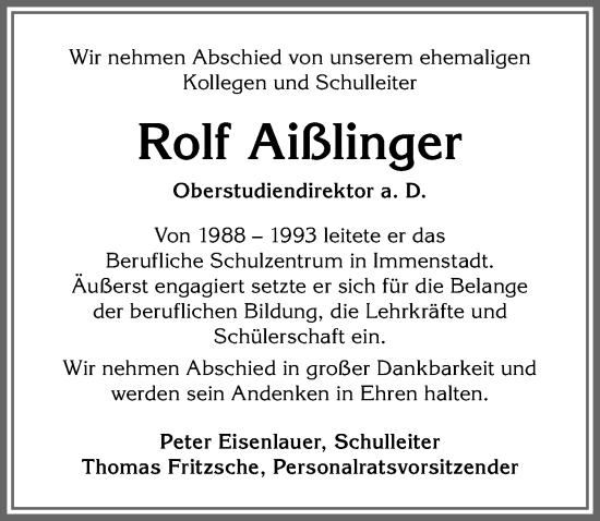 Traueranzeige von Rolf Aißlinger von Allgäuer Anzeigeblatt