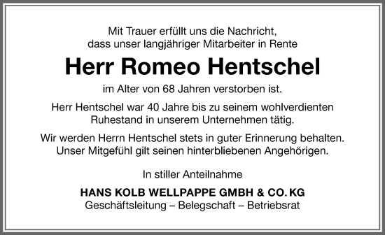 Traueranzeige von Romeo Hentschel von Memminger Zeitung