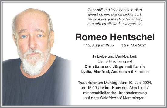 Traueranzeige von Romeo Hentschel von Memminger Zeitung