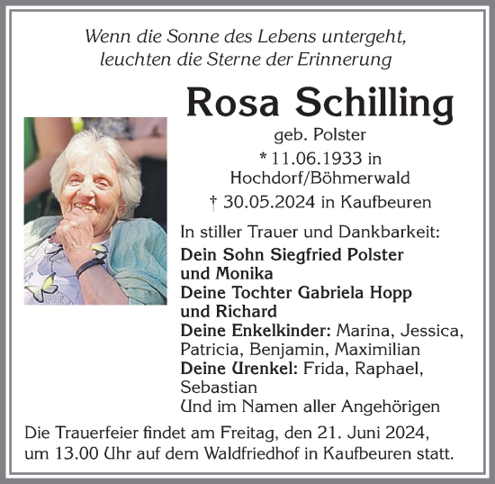 Traueranzeige von Rosa Schilling von Allgäuer Zeitung, Kaufbeuren/Buchloe