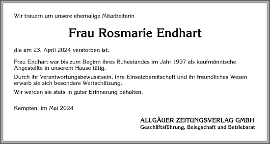 Traueranzeige von Rosmarie Endhart von Allgäuer Zeitung, Kaufbeuren/Buchloe