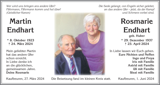 Traueranzeige von Rosmarie Endhart von Allgäuer Zeitung, Kaufbeuren/Buchloe