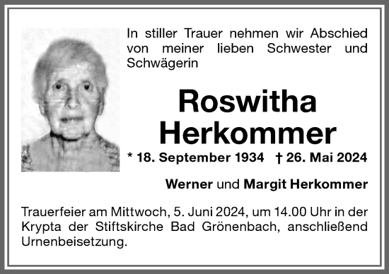 Traueranzeige von Roswitha Herkommer von Memminger Zeitung