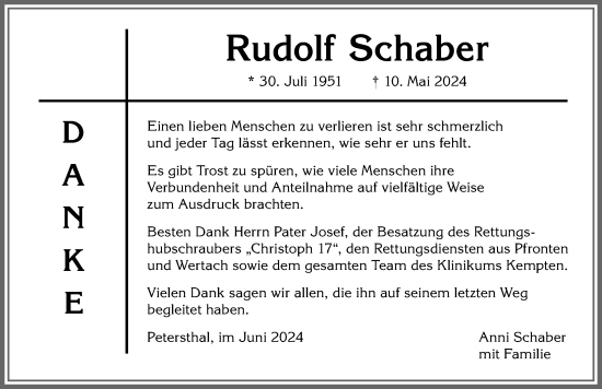 Traueranzeige von Rudolf Schaber von Allgäuer Zeitung,Kempten