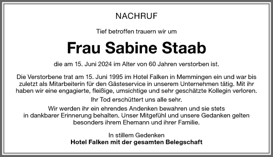 Traueranzeige von Sabine Staab von Memminger Zeitung