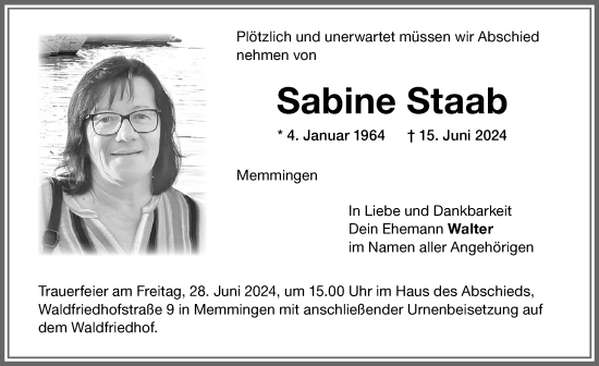 Traueranzeige von Sabine Staab von Memminger Zeitung