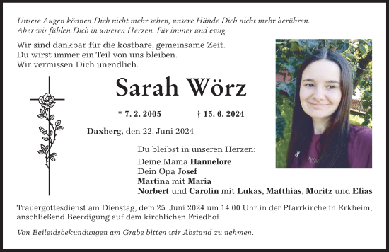 Traueranzeige von Sarah Wörz von Memminger Zeitung