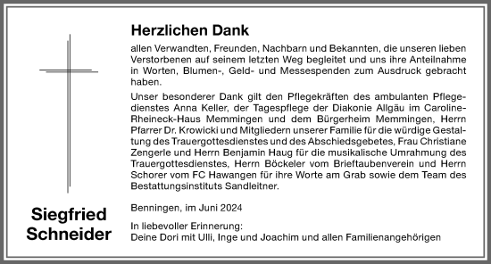 Traueranzeige von Siegfried Schneider von Memminger Zeitung
