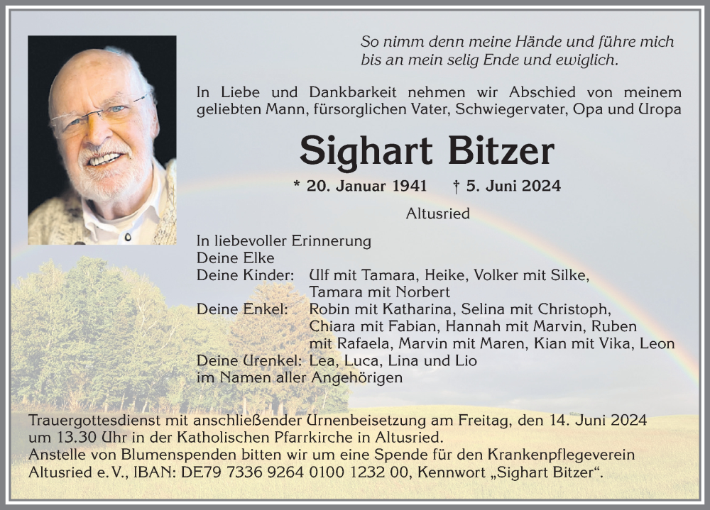  Traueranzeige für Sighart Bitzer vom 08.06.2024 aus Allgäuer Zeitung,Kempten