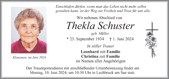 Traueranzeige von Thekla Schuster von Allgäuer Zeitung, Füssen