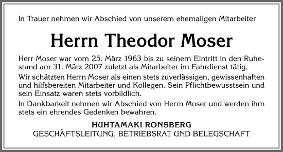 Traueranzeige von Theodor Moser von Allgäuer Zeitung, Marktoberdorf