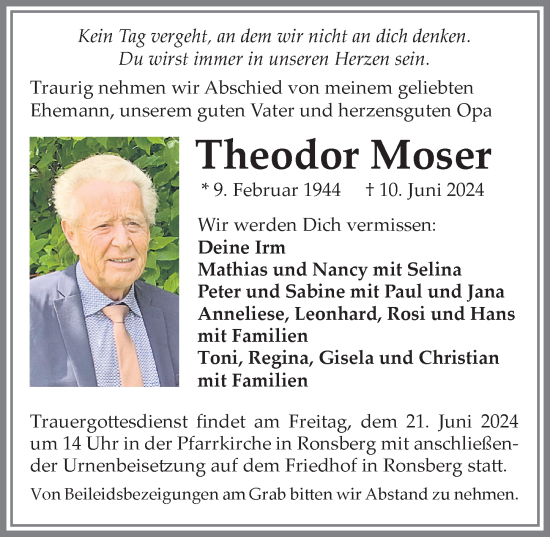 Traueranzeige von Theodor Moser von Allgäuer Zeitung, Marktoberdorf