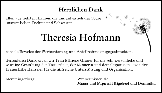 Traueranzeige von Theresia Hofmann von Memminger Zeitung