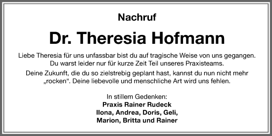 Traueranzeige von Theresia Hofmann von Memminger Zeitung