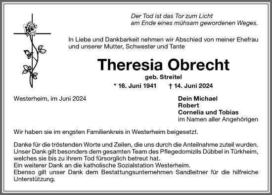 Traueranzeige von Theresia Obrecht von Memminger Zeitung