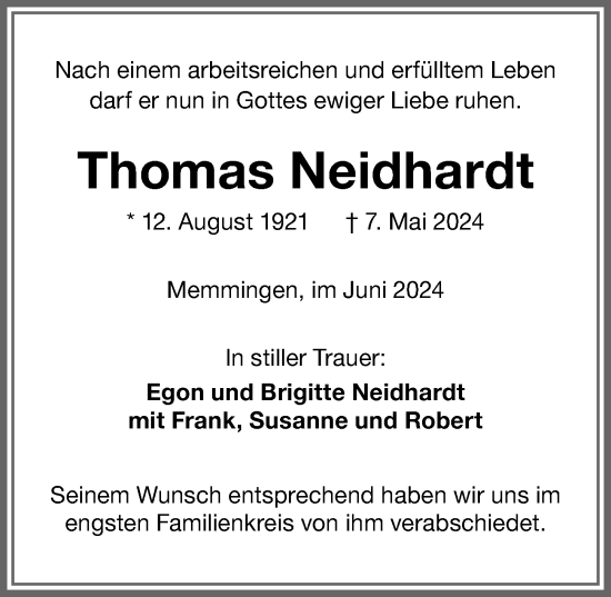 Traueranzeige von Thomas Neidhardt von Memminger Zeitung