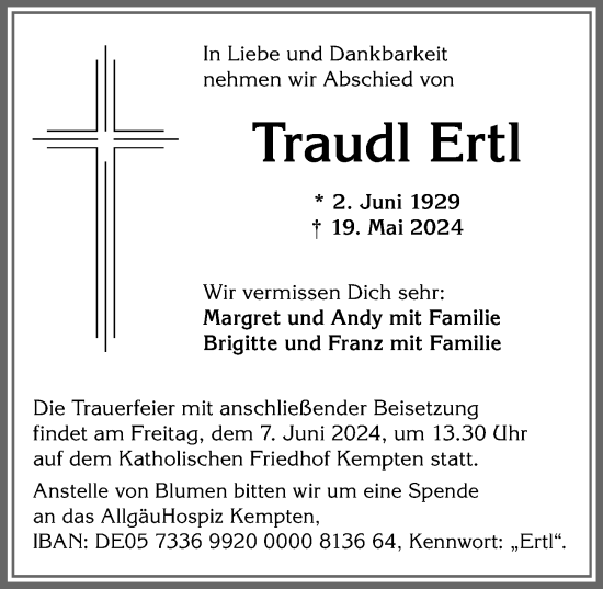 Traueranzeige von Traudl Ertl von Allgäuer Zeitung,Kempten
