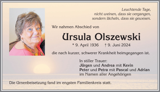 Traueranzeige von Ursula Olszewski von Allgäuer Zeitung, Kaufbeuren/Buchloe