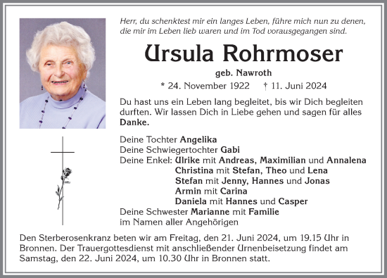 Traueranzeige von Ursula Rohrmoser von Allgäuer Zeitung, Kaufbeuren/Buchloe