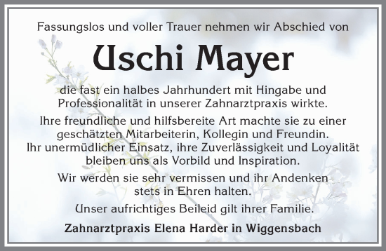 Traueranzeige von Uschi Mayer von Allgäuer Zeitung,Kempten