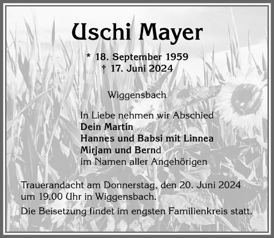 Traueranzeige von Uschi Mayer von Allgäuer Zeitung,Kempten