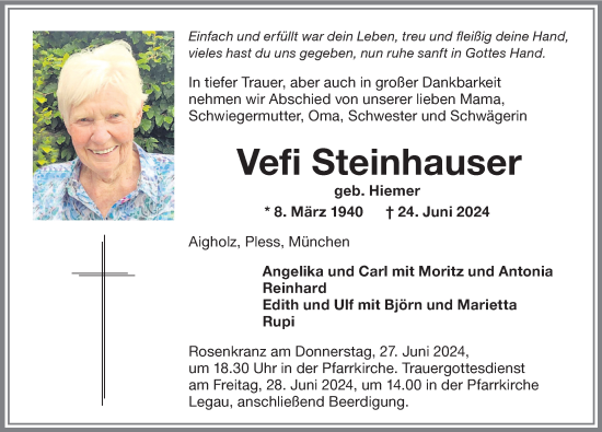 Traueranzeige von Vefi Steinhauser von Memminger Zeitung