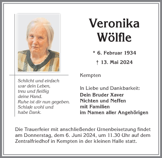 Traueranzeige von Veronika Wölfle von Allgäuer Zeitung,Kempten