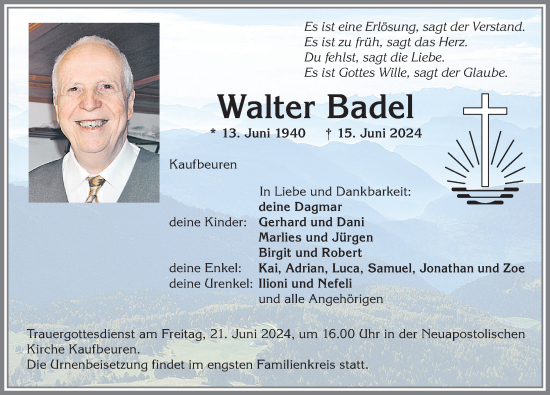 Traueranzeige von Walter Badel von Allgäuer Zeitung, Kaufbeuren/Buchloe