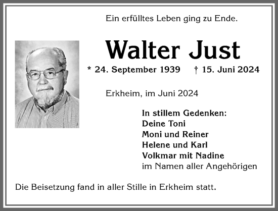Traueranzeige von Walter Just von Memminger Zeitung