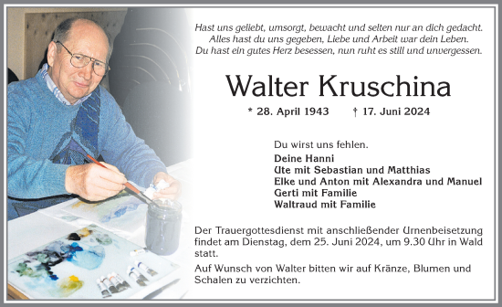 Traueranzeige von Walter Kruschina von Allgäuer Zeitung, Marktoberdorf