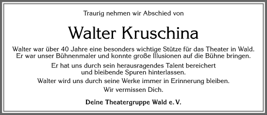 Traueranzeige von Walter Kruschina von Allgäuer Zeitung, Marktoberdorf