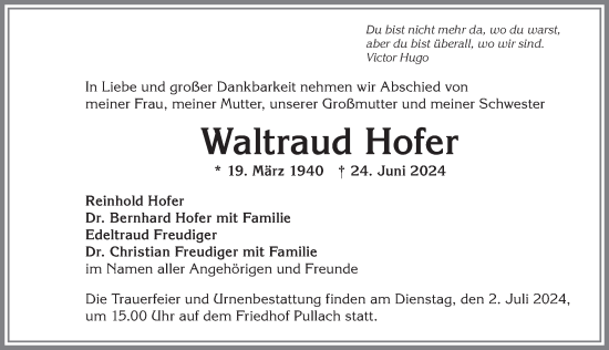 Traueranzeige von Waltraud Hofer von Allgäuer Anzeigeblatt
