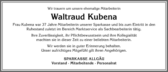 Traueranzeige von Waltraud Kubena von Allgäuer Zeitung,Kempten