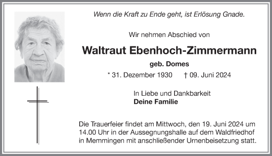 Traueranzeige von Waltraut Ebenhoch-Zimmermann von Memminger Zeitung
