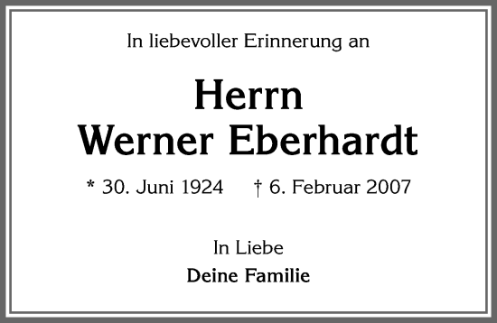 Traueranzeige von Werner Eberhardt von Memminger Zeitung