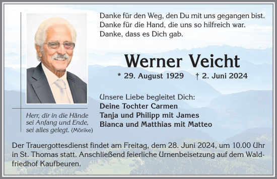 Traueranzeige von Werner Veicht von Allgäuer Zeitung, Kaufbeuren/Buchloe