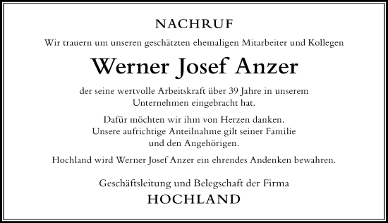 Traueranzeige von Werner Josef Anzer von Der Westallgäuer