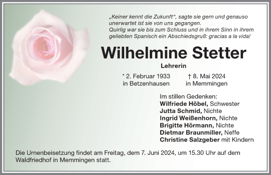 Traueranzeige von Wilhelmine Stetter von Memminger Zeitung