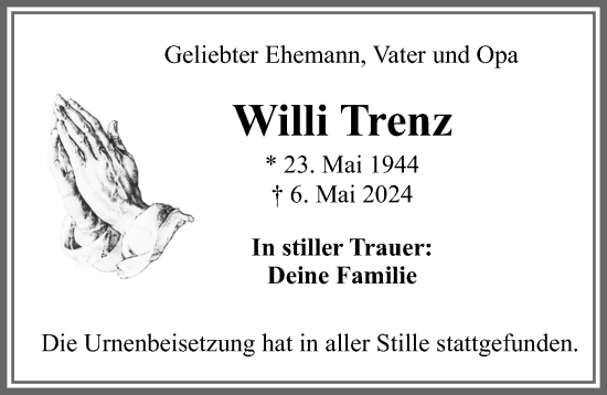 Traueranzeige von Willi Trenz von Allgäuer Zeitung, Kaufbeuren/Buchloe