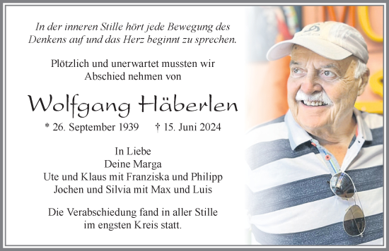 Traueranzeige von Wolfgang Häberlen von Allgäuer Zeitung, Füssen