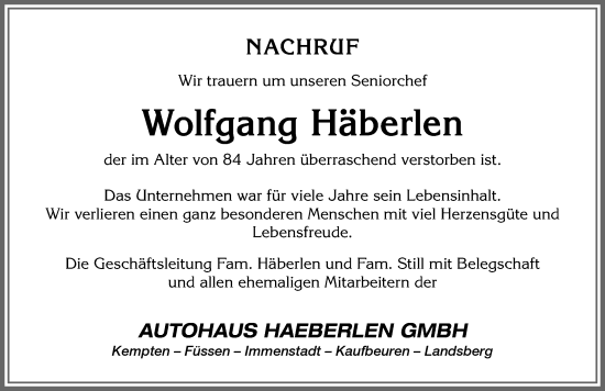 Traueranzeige von Wolfgang Häberlen von Allgäuer Zeitung, Gesamtausgabe